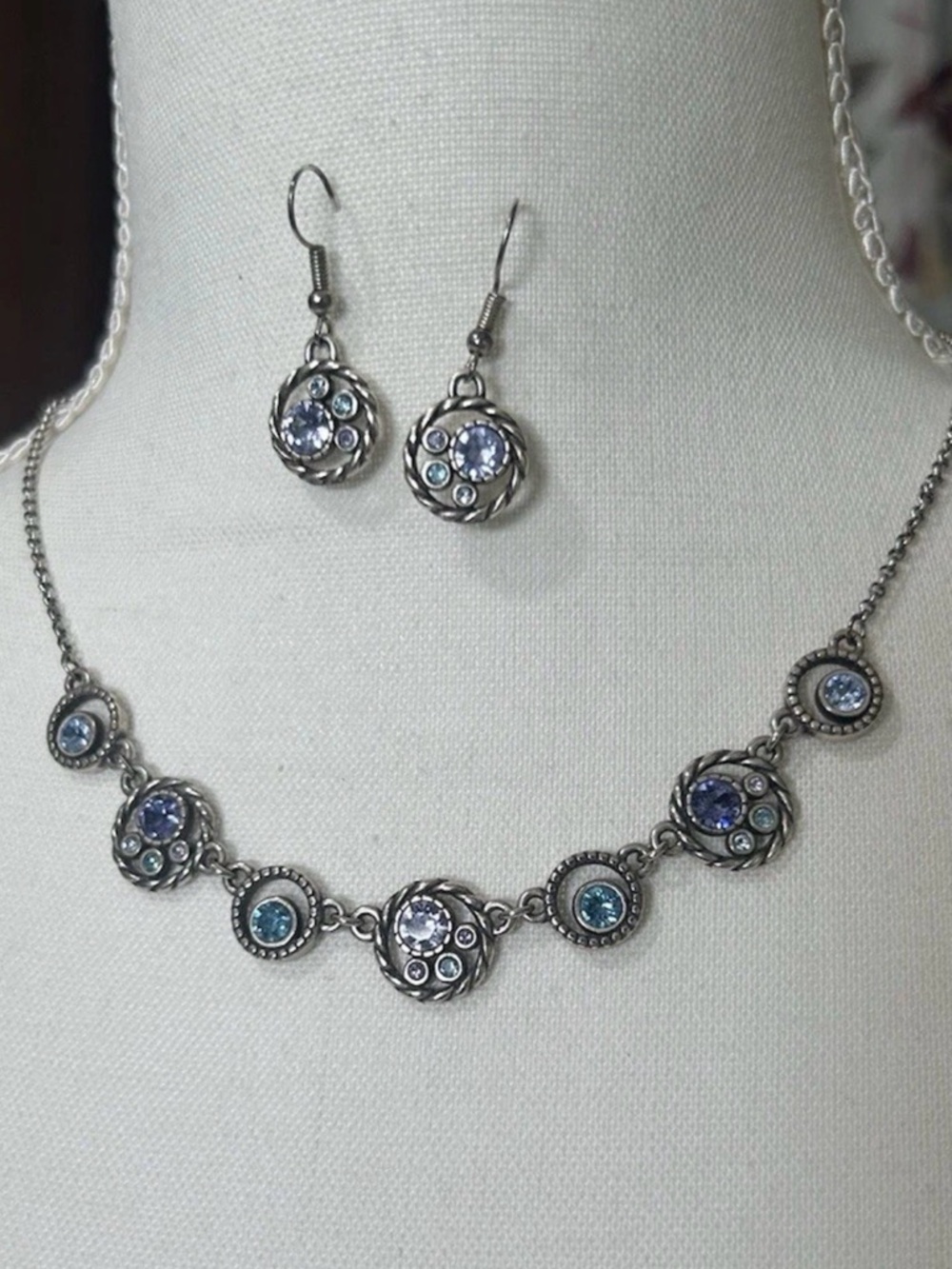 🩵 RARE HALO SET! BRIGHTON Silver Necklace & Earrings TANZANITE SWAROVSKI CRYSTAL